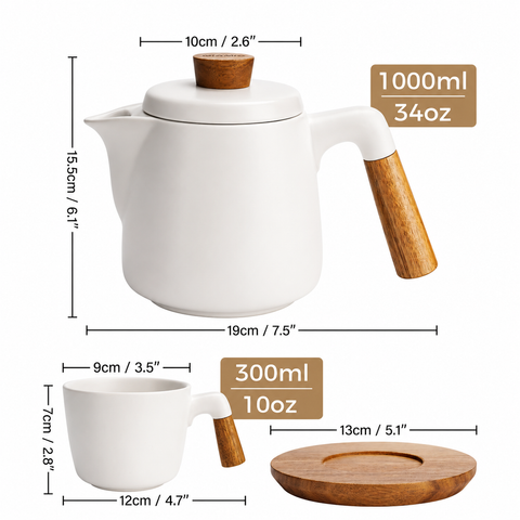 Set za čaj, čajnik 1000 ml + 4x300 ml, bela